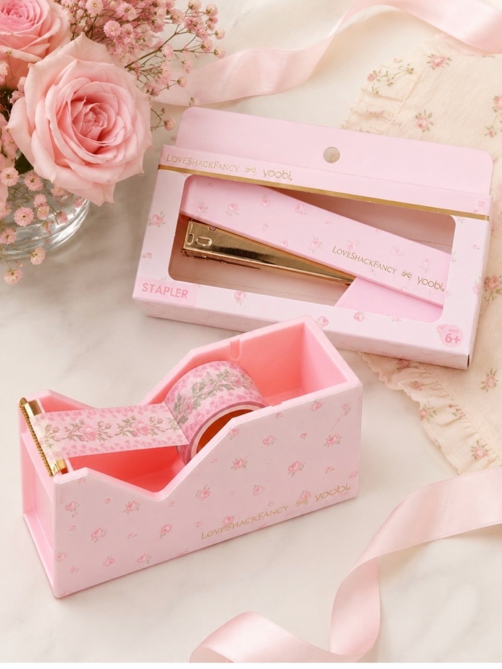 Yoobi X LSF Pink Floral Stapler and Tape Dispenser Set/ pencils and highlighters